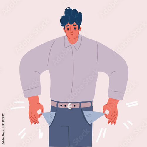 Vector illustration of Man with no money and empty wallet. Lack of finance, personal financial crisis, poor broken unhappy character. Unable to pay, financial problems and bankruptcy