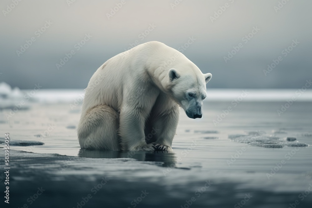 A sad polar bear on small iceberg. Climate Change and Environment Issue. Climate Crisis, global warming Generative AI Technology A sad polar bear on small iceberg. Climate Change and Environment Issue. Climate Crisis, global warming Generative AI Technology