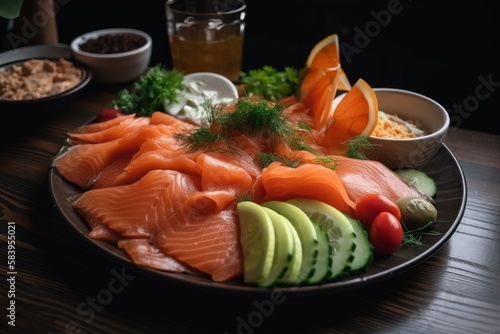 Smoked salmon on plate. Generative AI Technology