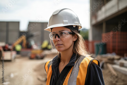 Woman with a helmet on a construction site. Generative AI