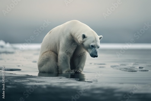 A sad polar bear on small iceberg. Climate Change and Environment Issue. Climate Crisis  global warming Generative AI Technology