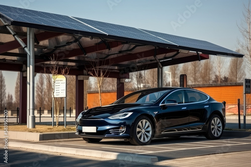 Modern car at standalone electric vehicle charging station. Generative AI Technology. © Luisa