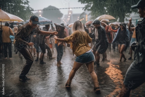 People dancing under the rain. Generative AI Technology.