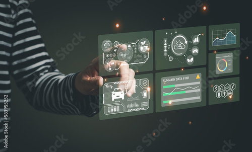 Entrepreneur hand point at digital screen dashboard while control and reduce carbon emission for global friendly business. Business with environment concern, carbon credit and zero emission.