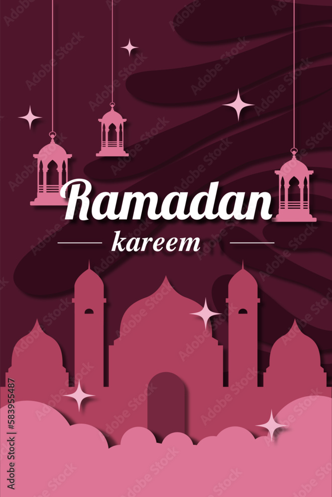 Ramadan kareem elegant red template islamic greeting card with for wallpaper design poster media banner. Paper cut style
