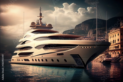 Futuristic Luxury yacht in a port. Generative AI Technology © Luisa