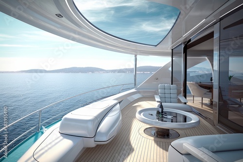 Interior of Futuristic Luxury yacht in a port. Generative AI Technology © Luisa