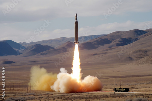 Intercontinental ballistic Missile launch, war, ICBM missile. Generative AI Technology photo