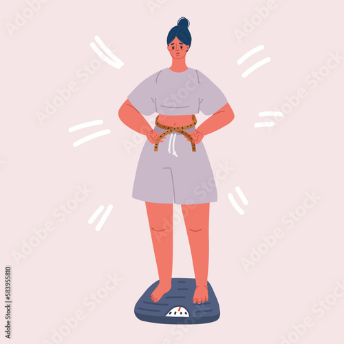 Vector illustration of Feet on scale. Weight loss and diet concept. Woman weighing herself. Measures her waist. Lady dieting.