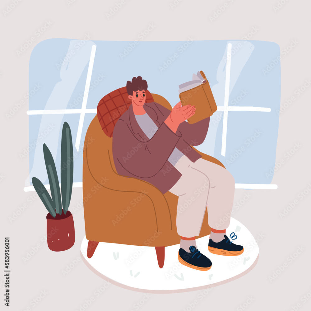 Vector illustration of Person reading book, sitting in armchair by window in living room. Man in chair at home with literature. Businessman reader.