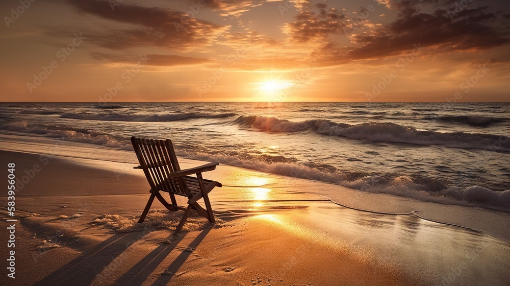 Beach chair and umbrella on beautiful beach. Sunset over ocean. Travel paradise concept. Generative AI Beach chair and umbrella on beautiful beach. Sunset over ocean. Travel paradise concept. Generative AI