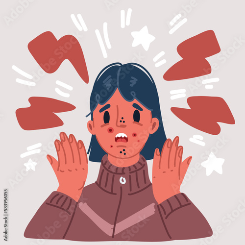 Vector illustration of Girl looking in a bathroom mirror. Problem face skin with acne