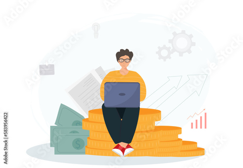 Person earning money in internet, online money transfer, payments, money savings, freelance work concept, flat vector illustration