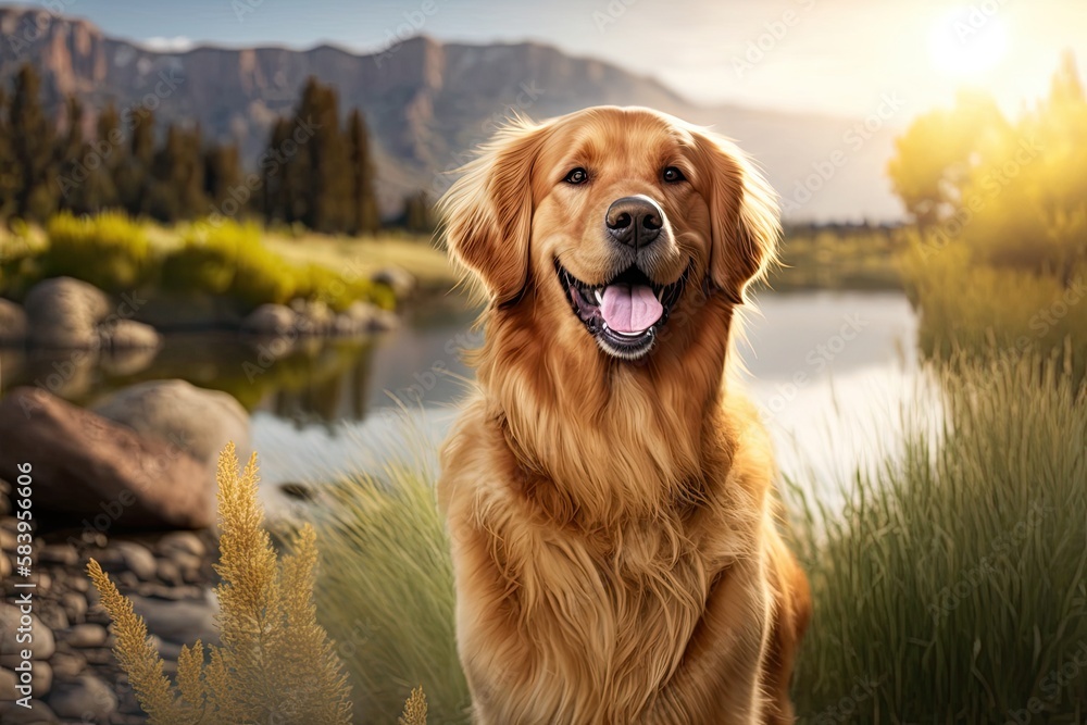 Fototapeta premium Golden retriever dog happiness and smile. Adorable pet.Generative ai