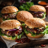 Beef burgers on wooden plate