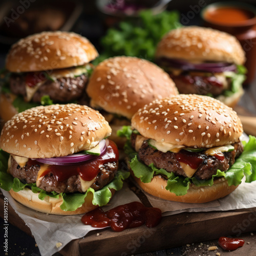 Beef burgers on wooden plate