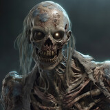 Portrait of a scary zombie man in dark lighting. Generative AI.