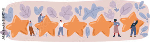 Vector illustration of People are holding stars over the heads. Feedback consumer or customer review evaluation, satisfaction level and critic icon concept.