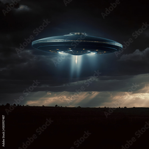 Alien spaceship (UFO) hovering over the field. Generative AI.