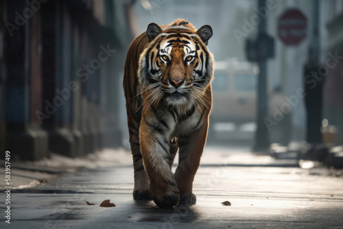 Tiger is walking down a city street. Generative AI.