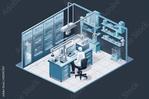 Laboratory in Perspective: An Isometric 32-bit Illustration of a Researcher at a High-Tech Workstation