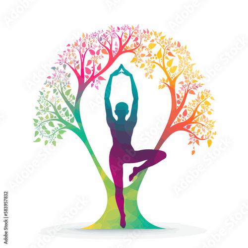 Yoga vector logo. Tree pose asana flat style illustration.