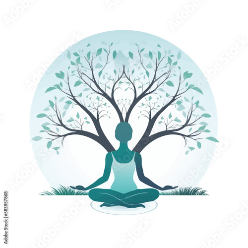 Yoga vector logo. Woman in lotus pose asana, sitting in front of tree, flat style illustration.