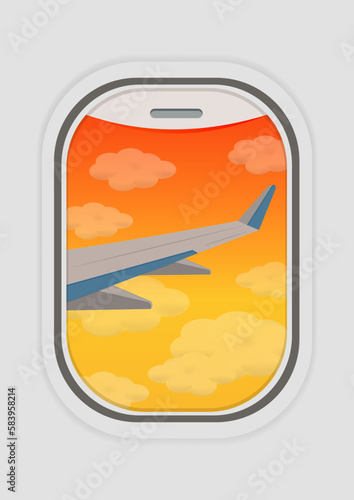 Airplane window view vector illustration. Plane wing view