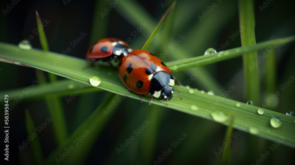 Two seven-spotted ladybugs on a blade of grass. generative AI Two seven-spotted ladybugs on a blade of grass. generative AI