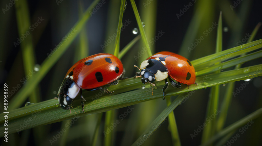 Two seven-spotted ladybugs on a blade of grass. generative AI Two seven-spotted ladybugs on a blade of grass. generative AI