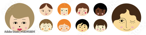 Feminine look, abstract personage, mascot design, funny face, cute icon.