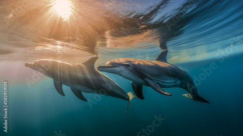 Dolphins diving under the sea at sunset. Dolphins under the ocean - AI Generated