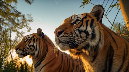 Earth's Day. Portrait of two tigers from the side at sunset with the sky in the background - AI Generated
