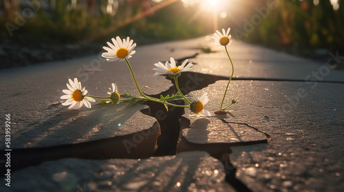 Earth's Day. Preservation of the environment. Daisy flower sprouting from cracks in the city's asphalt, showing the strength of mother nature. Concept of hope and resilience. Copy Space . AI Generated