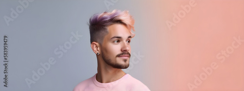 Young european gay bisexual man with multi-colored hair stands in the studio and poses for the camera portrait advertising banner space for text Ggenerative AI photo