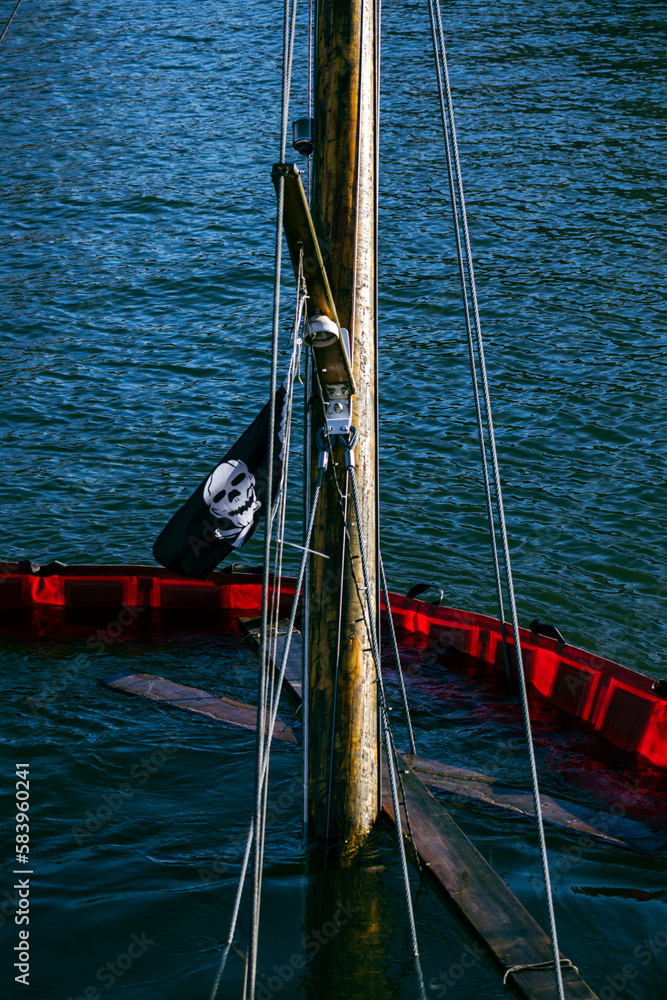 Vertical shot of a mast of a sunken boat with a pirate flag sticking up from water