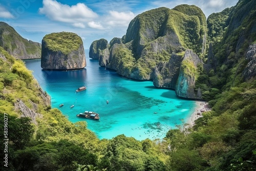 Maya Bay, Phi Phi Leh, Turquoise Waters, White Sand Beach, Limestone Cliffs, Generative AI
