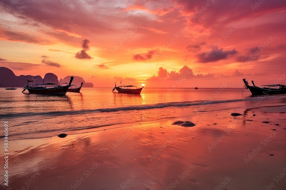 Sunset Over Long Beach, Phi Phi Don, Vibrant Sky, Calm Andaman Sea, Generative AI