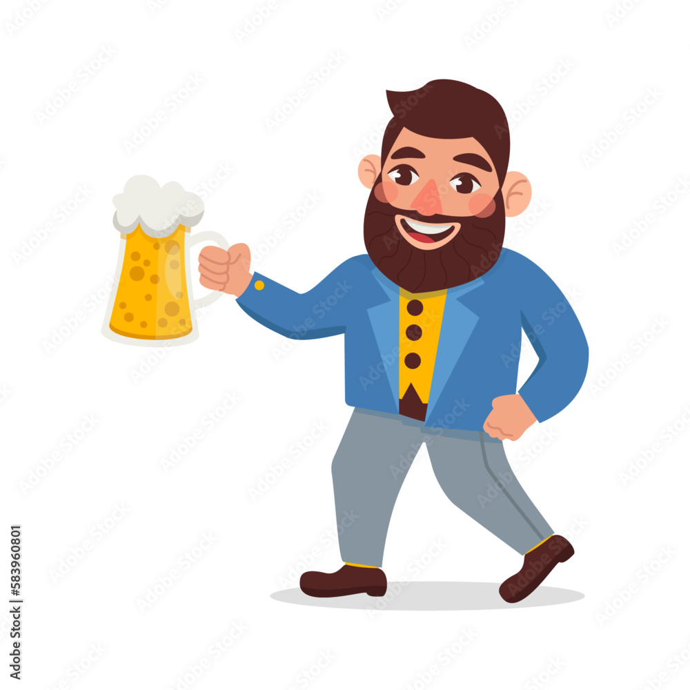 Man with a beard in a jacket holds a glass of light beer. Vector graphic. Man with a beard in a jacket holds a glass of light beer. Vector graphic.