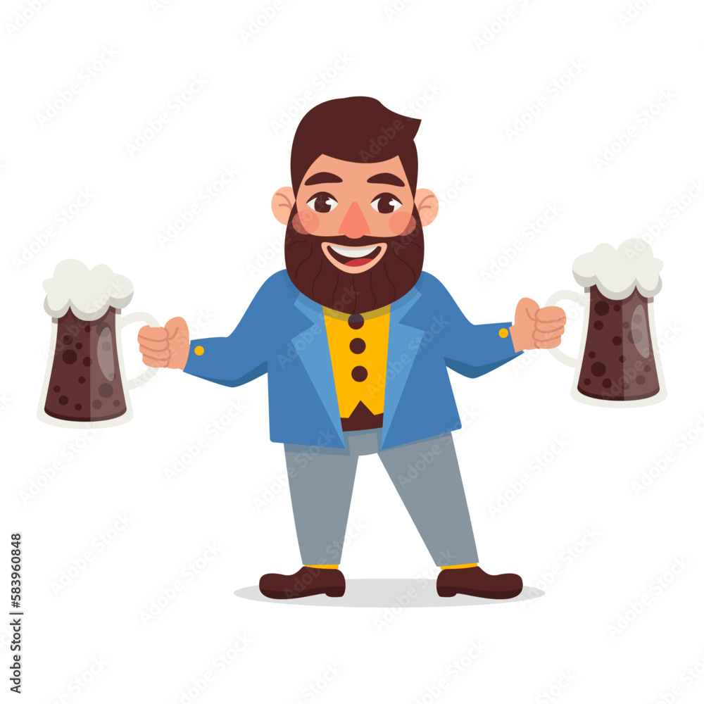 Man with a beard in a jacket holds two glasses of dark beer. Vector graphic.