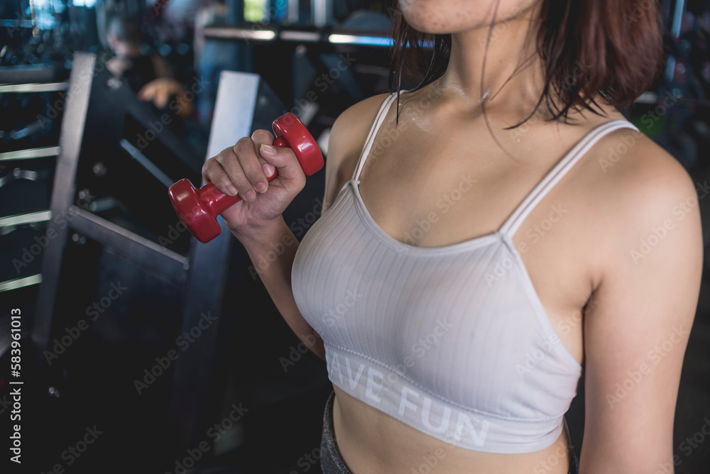 An anonymous woman doing a set of alternating hammer bicep curls at the gym. An anonymous woman doing a set of alternating hammer bicep curls at the gym.