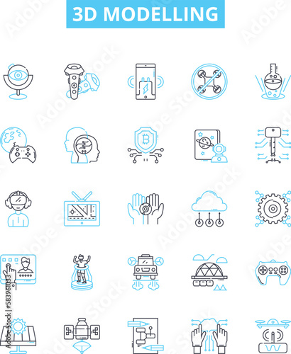 3d modelling vector line icons set. 3D, Modelling, Modeling, CAD, Design, Rendering, Simulation illustration outline concept symbols and signs