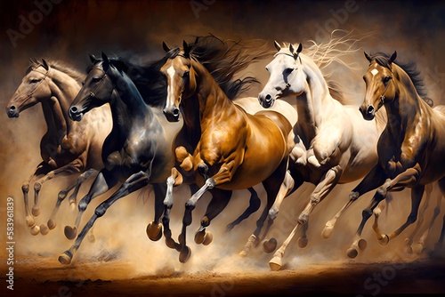 illustration paintings seven horses of successful unique wall paintings © Generative Ai