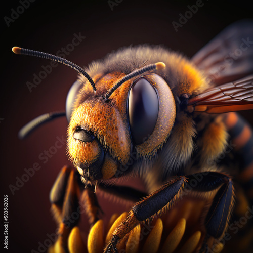A bee sits on a honeycomb, a macro, unusual photo. © A LOT ABOUT EVERYTHI