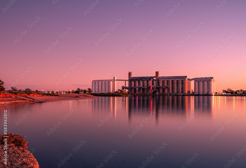 Aerial view of  Port Pirie on river during sunset