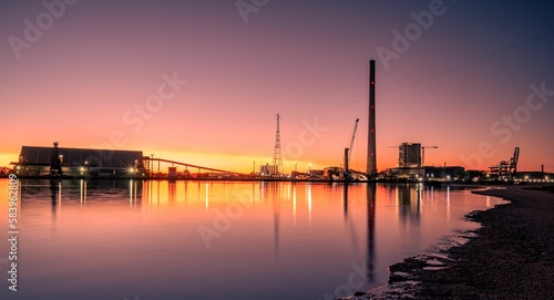 Aerial view of Port Pirie on river during sunset