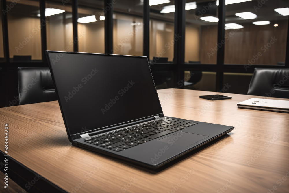 laptop on wooden table in business office. Generative AI laptop on wooden table in business office. Generative AI