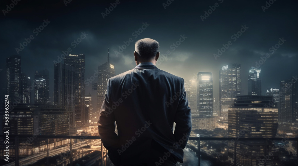 Rear view of confident businessman looking at night city with foggy buildings.generative ai Rear view of confident businessman looking at night city with foggy buildings.generative ai