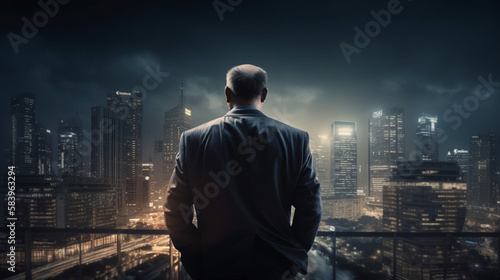 Rear view of confident businessman looking at night city with foggy buildings.generative ai