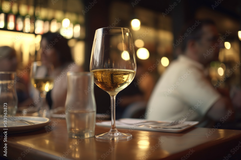 photo of a glass of white wine in a restaurant